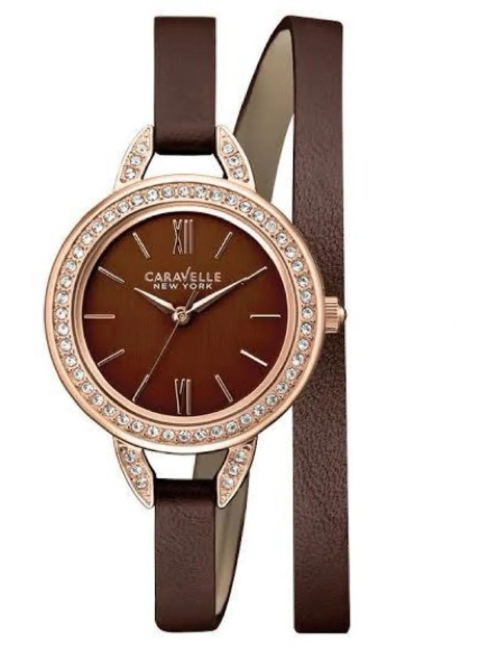 Caravelle New York Women's Brown Leather Double-Wrap Watch with Crystal Accents